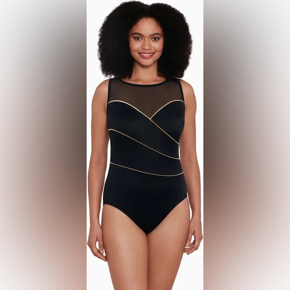 NEW Vintage Robby Len Slimming Maillot 1 piece Swimsuit Black mesh Gold Size 10